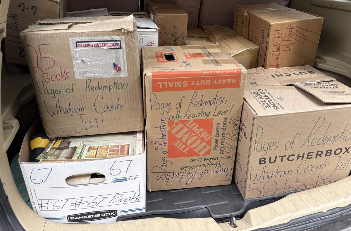 Bryson Fico, founder of Pages of Redemption, drove 762 books to donate to the Whatcom County Jail on July 3, 2026.