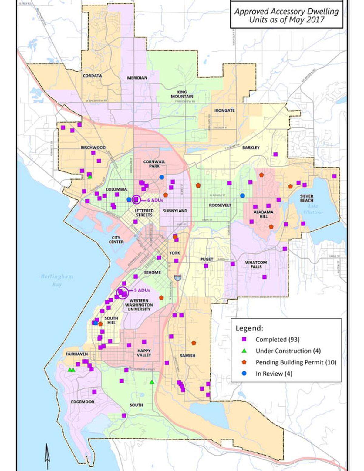 This map shows accessory dwelling units across the city of Bellingham.