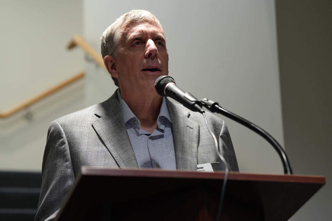Opportunity Council Executive Director Greg Winter spoke at the ribbon-cutting ceremony of The Way Station respite and hygiene services center on October 8, 2024, in Bellingham, Wash.
