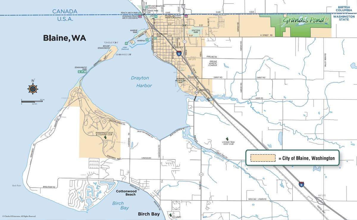 A map shows the location of the proposed Grandis Pond Development in Blaine, Wash. The project is expected to receive engineering approval for the first phase of the development by the end of 2023.