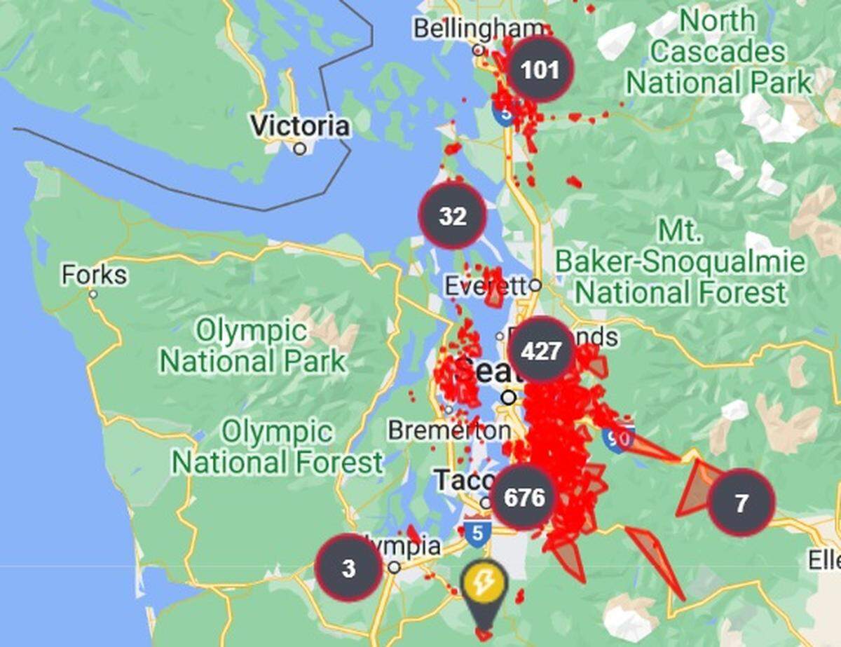 A Puget Sound Energy map shows power outages around the Puget Sound region early Wednesday, November 20.