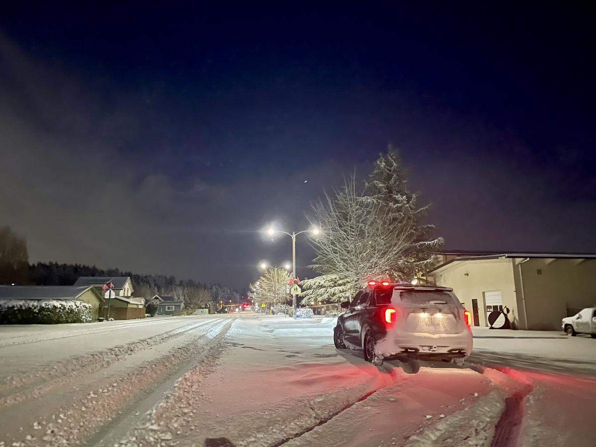 Roads were icy with about 6 inches of snow on the ground early Monday, Feb. 3, 2025, in Blaine, Wash.