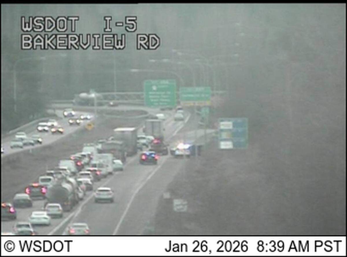 A collision on southbound Interstate 5 is blocking the right lane and exit ramp 258 to Bakerview Road