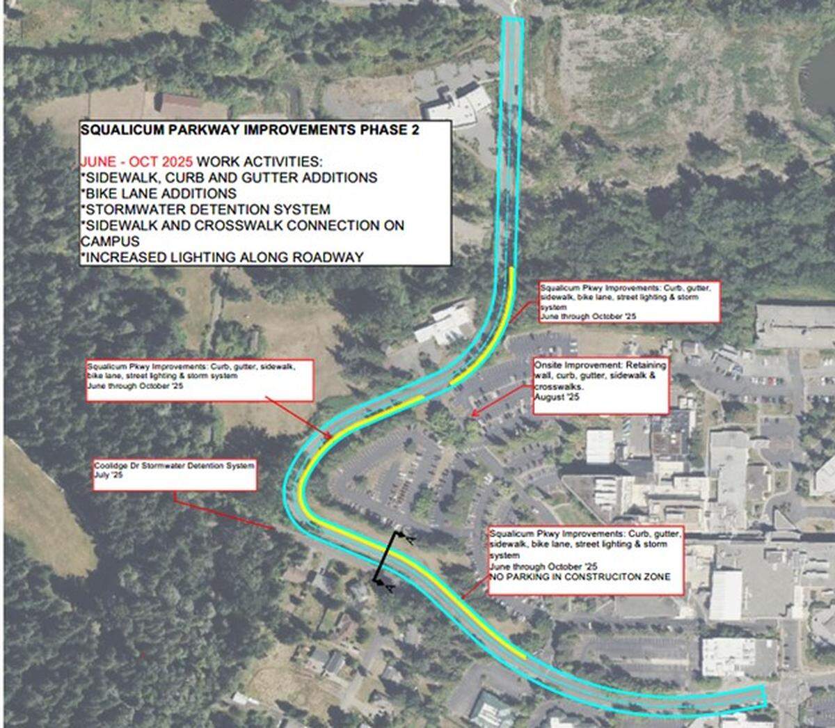 A map provided by PeaceHealth shows the planned construction zone around St. Joseph Medical Center from June through October 2025 in Bellingham, Wash.