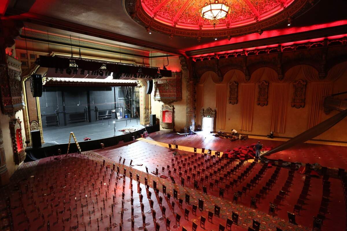 The main stage and lobby area at Mount Baker Theatre in Bellingham will be closed through mid-September as crews upgrade the chandelier winches, replace carpeting and install new seating.
