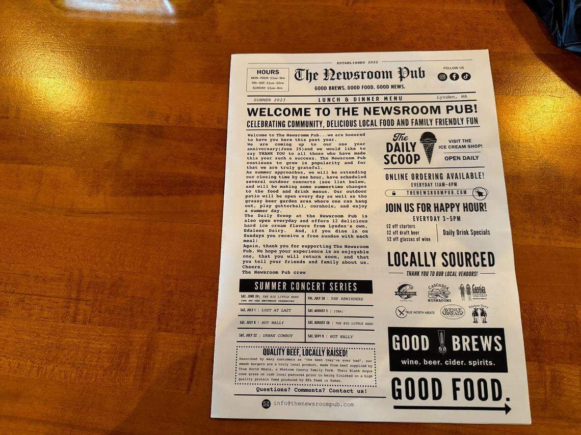The menu at The Newsroom Pub on Thursday, May 2, 2024 at 608 Front St. in Lynden, Wash.