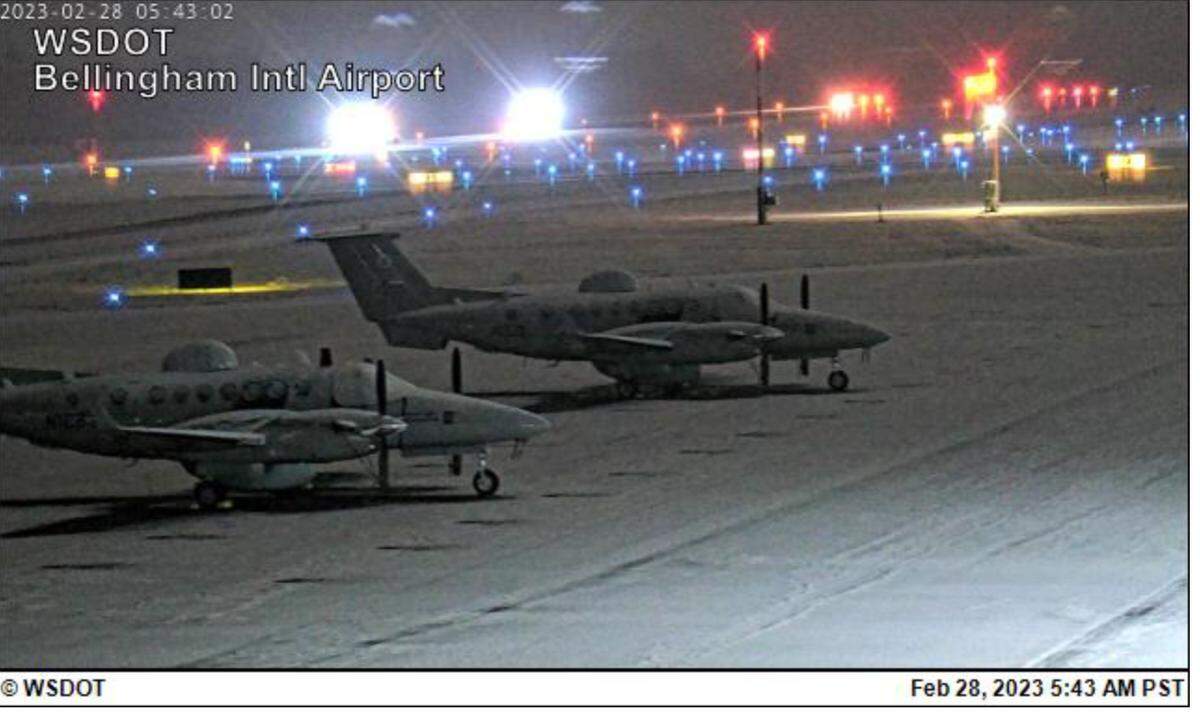 Snow is shown on the airfield at Bellingham International Airport in Bellingham, Wash., on Tuesday, Feb. 28, 2023, the last day of meteorological winter.