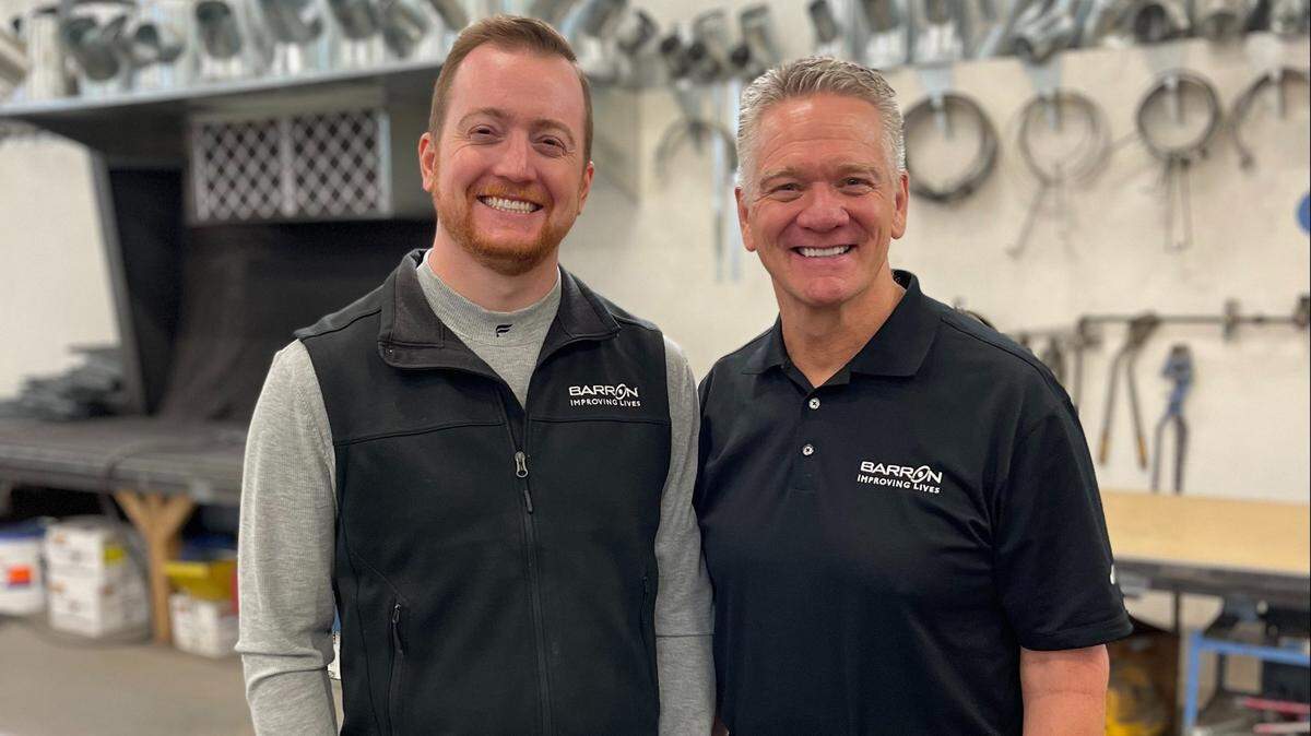 Barron Heating, AC, Electrical & Plumbing Chief Operating Officer Brad Barron, left, and his father and CEO John Barron in the company’s fabrication shop in October in Ferndale.