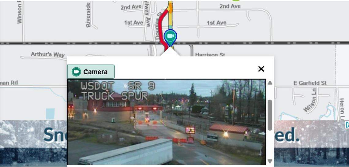 A Washington State Department of Transportation camera shows the U.S.-Canada border crossing at Sumas closed around 7:30 a.m. Thursday, Dec. 11, 2025.