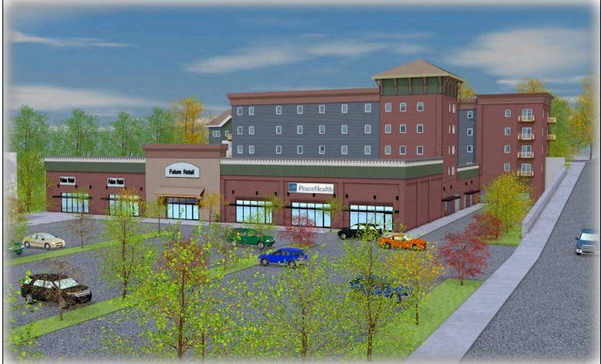 An artist’s rendering of a new commercial/residential project at 3125 Old Fairhaven Parkway shows the PeaceHealth medical clinic in front of a proposed multi-story apartment building. The clinic is expected to open in November 2019 in Bellingham, Wa.