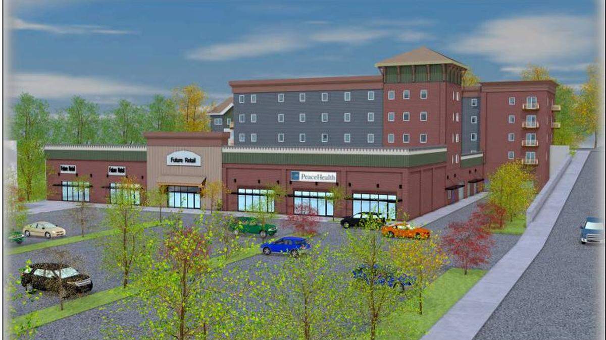 An artist rendering updating the a new commercial/residential project at 3125 Old Fairhaven Parkway, near Interstate 5. The new construction proposed is a four-story, 76-unit apartment building.