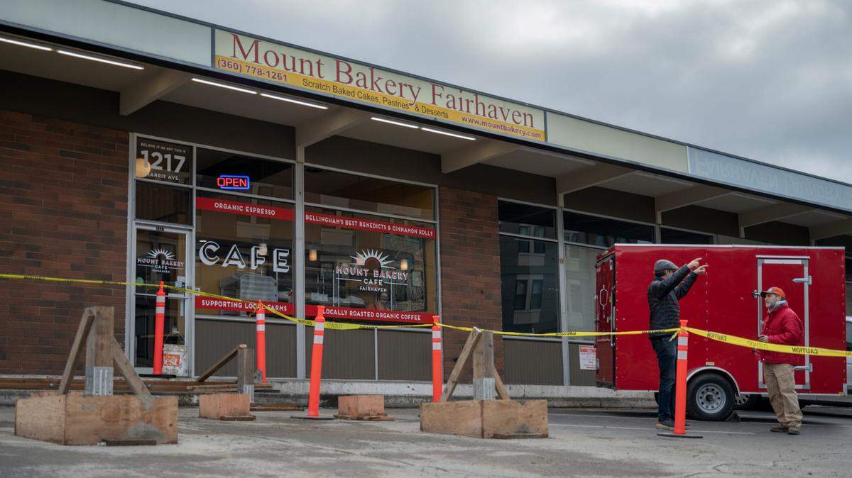 A new outdoor dining area is being constructed at the Mount Bakery on Friday, Jan. 21, in the Fairhaven.