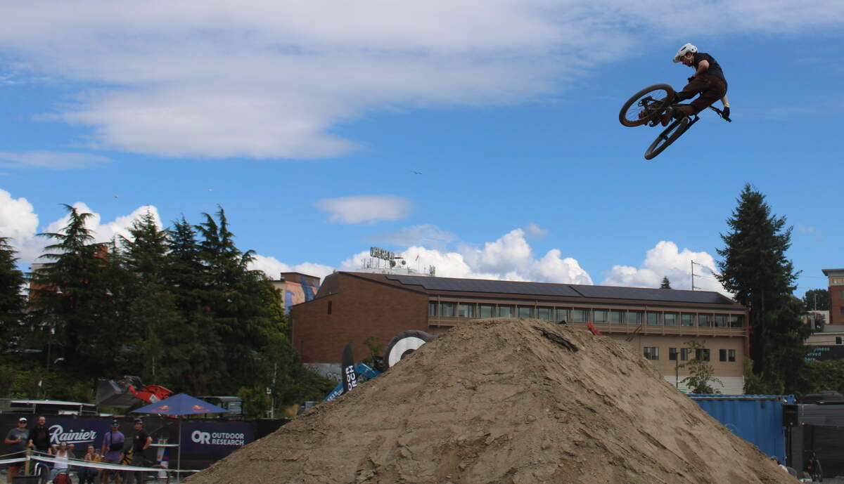 A biker shows off his tricks during the Red Bull Best Whip contest Saturday at Northwest Tune-up festival in Bellingham.