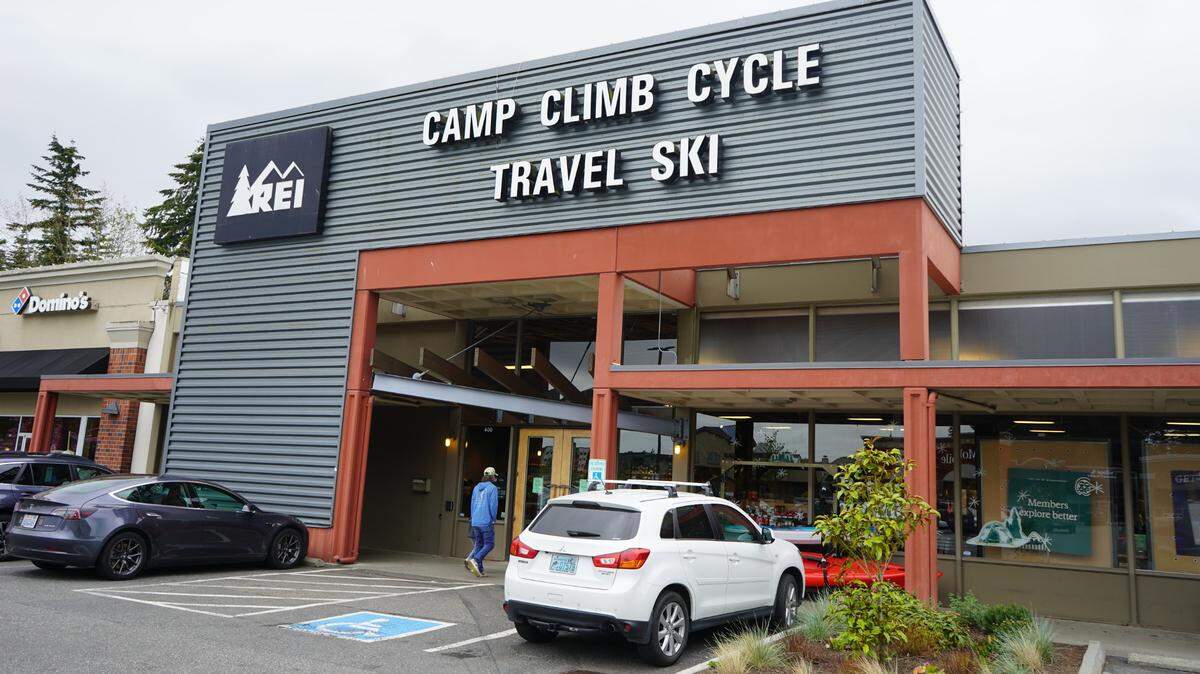 A customer enters the REI Co-op at 400 36th St. in Bellingham, Washington. Employees at the store announced on May 1 that they filed with the National Labor Relations Board to vote to unionize.