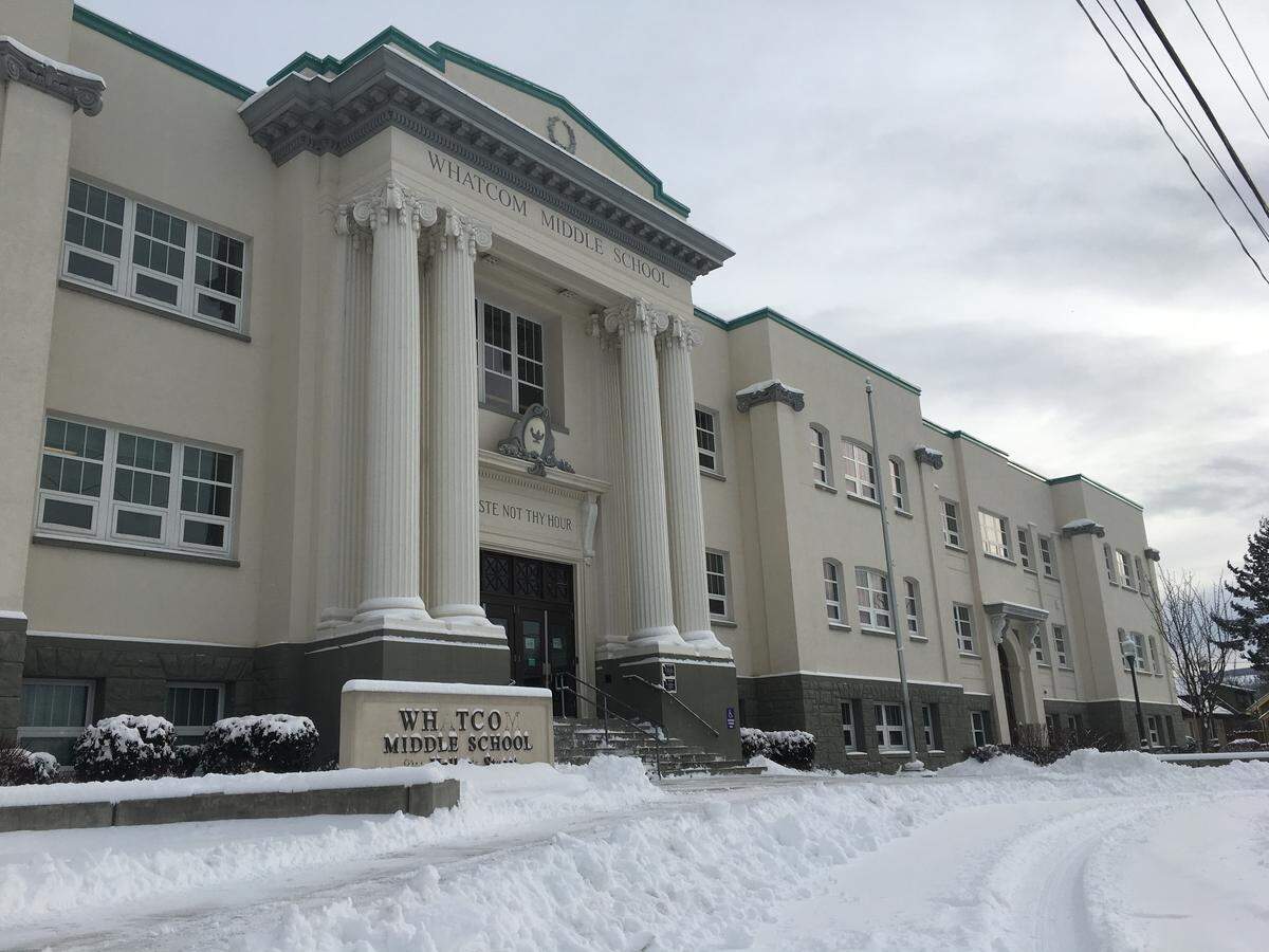 Snow covers the grounds of Whatcom Middle School in Bellingham, Washington, Wednesday, Jan. 15, 2020. The district announced schools would be closed again Thursday.