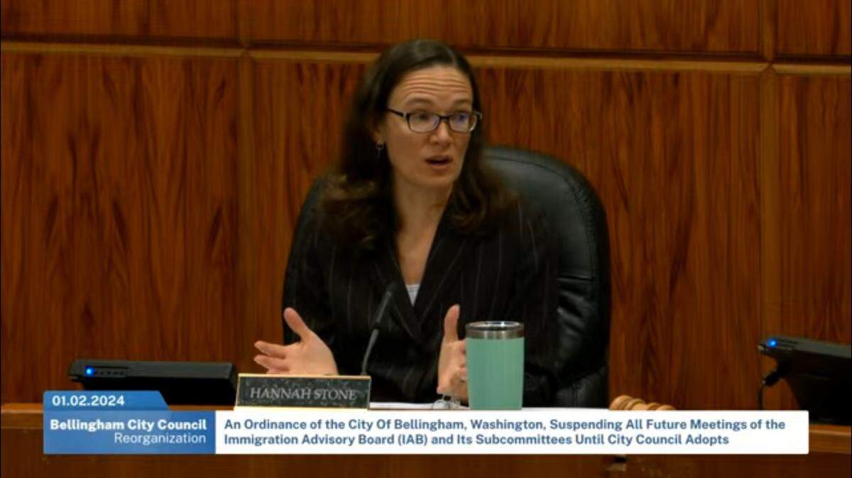 Councilwoman Hannah Stone explains her proposal to indefinitely suspend the Immigration Advisory Board in a screenshot from a broadcast of the Bellingham City Council meeting at City Hall on Monday.