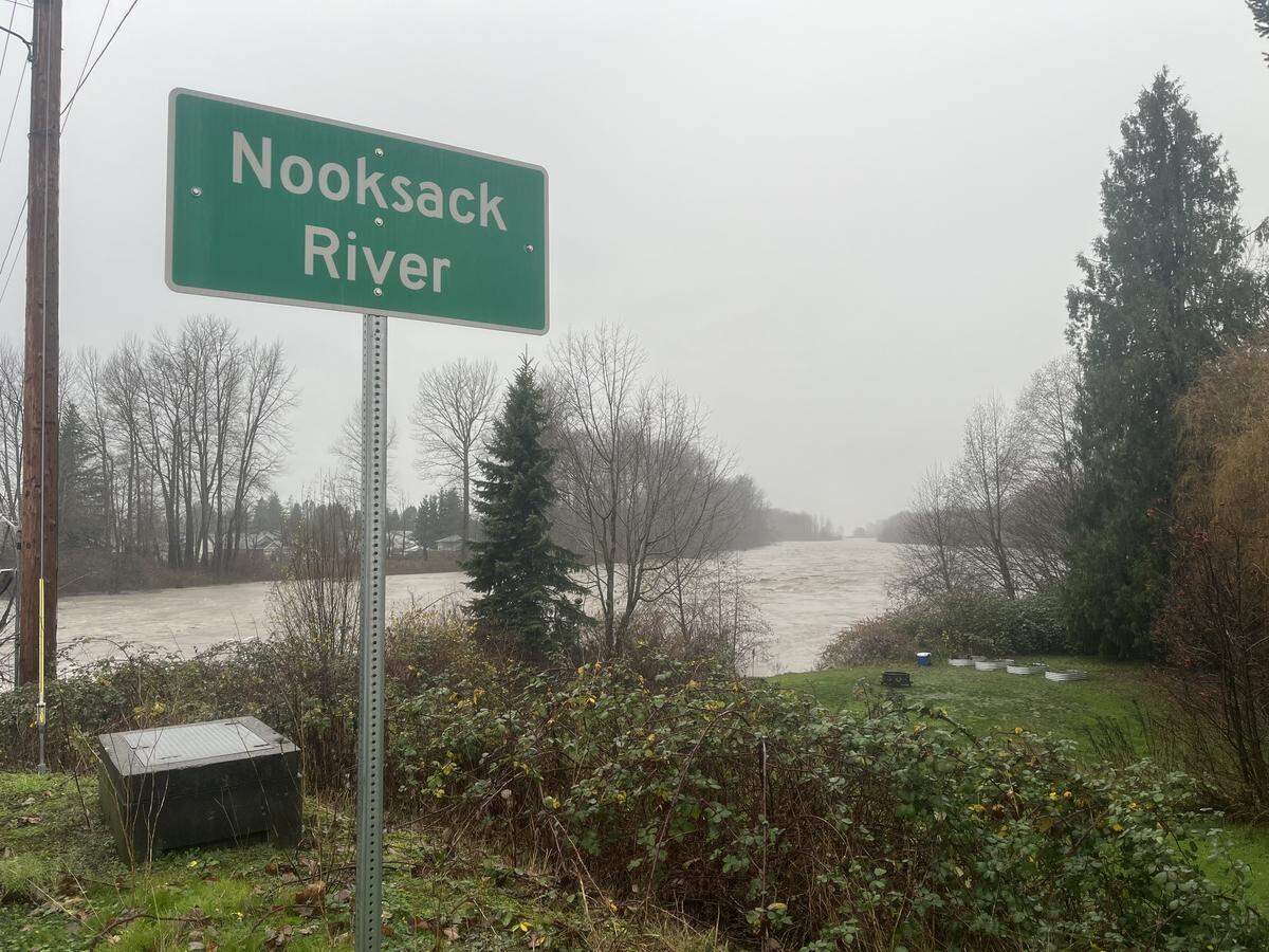 The Nooksack River roars at the Everson bridge on Wednesday, Dec. 10, 2025.