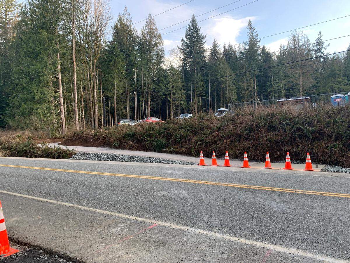While the crosswalk is not yet completed as of February 28, 2024, the gravel pathway from South Samish Way to the southern Galbraith parking lot is nearly ready in Bellingham, Wash.