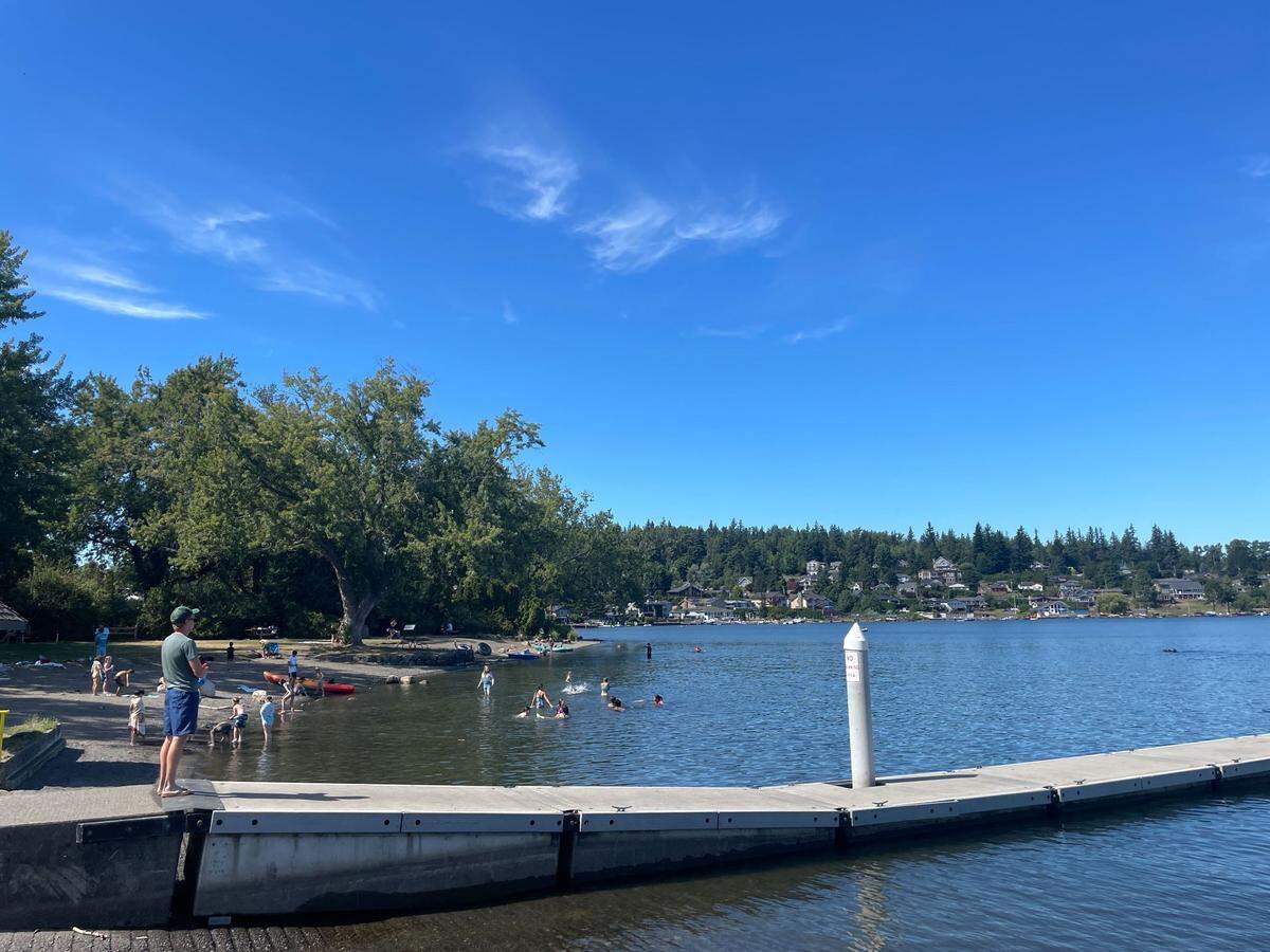 People swimming at Bloedel Donovan Park in Bellingham, Wash. on Aug. 4, 2023.