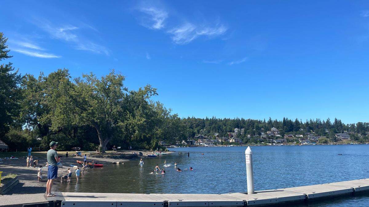 People swimming at Bloedel Donovan Park in Bellingham, Wash. on Aug. 4, 2023.