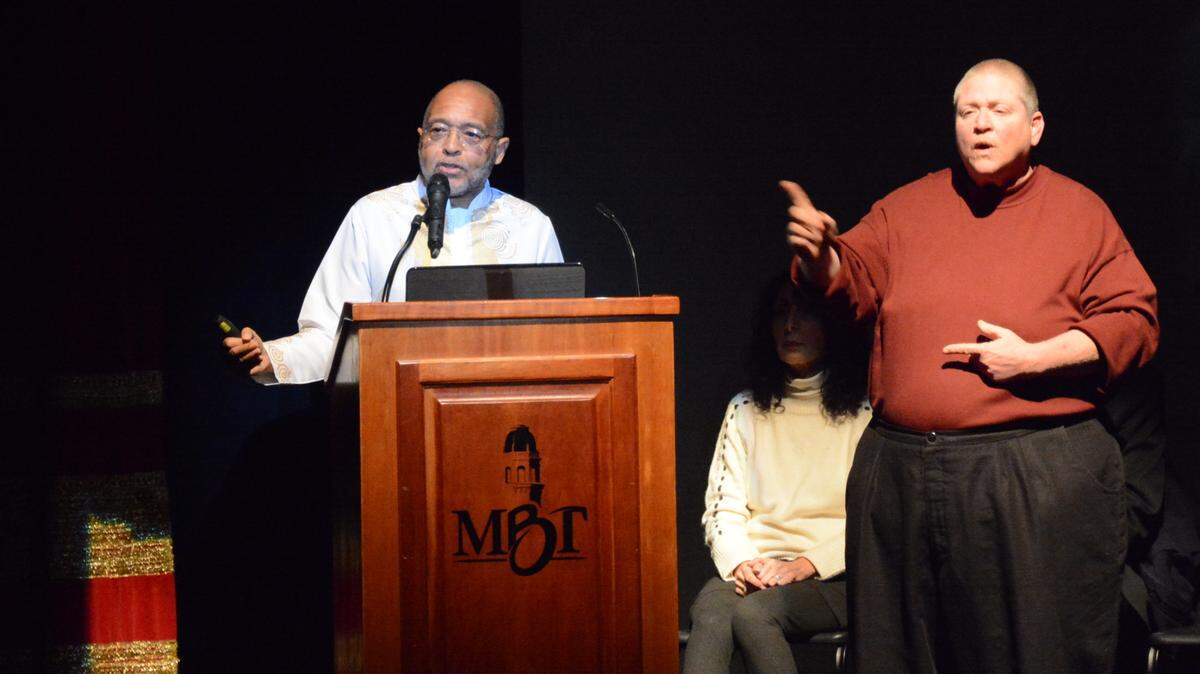 Writer Clyde Ford of Bellingham, left, speaks on the legacy of the Rev. Dr. Martin Luther King Jr. at the Mount Baker Theatre in Bellingham in January 2020.