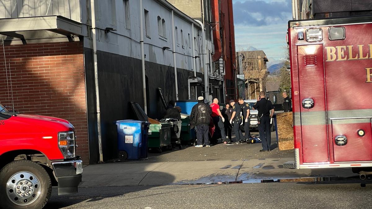 Bellingham firefighters treat a patient during a February medical aid call in an alley north of Magnolia Street between Cornwall and Railroad avenues.
