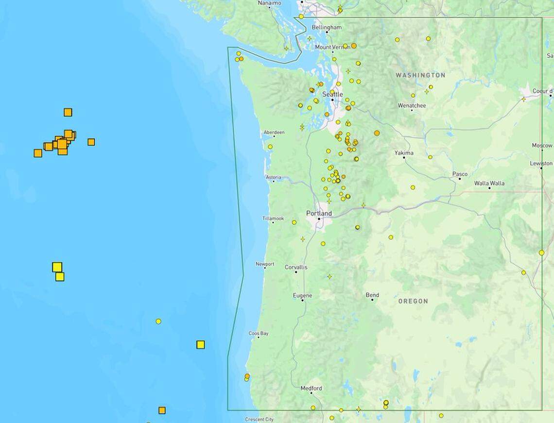 A map shows the location about 250 miles west of Washington state where a swarm of at least 18 quakes was recorded Sunday. All the quakes ranged from magnitude 3 to 4 and were about 6 miles deep on the Juan de Fuca Ridge.