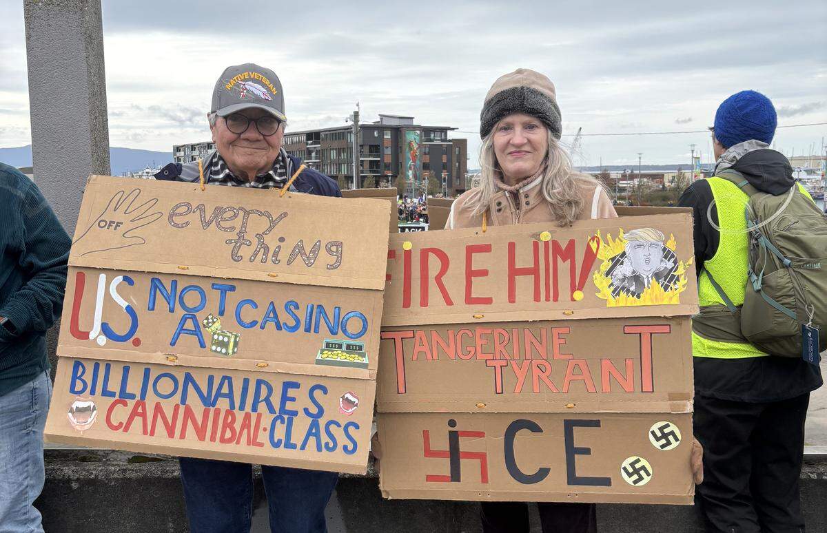 Joe Salazar and Claudia Fischer at Bellingham’s No Kings rally March 28, 2026.