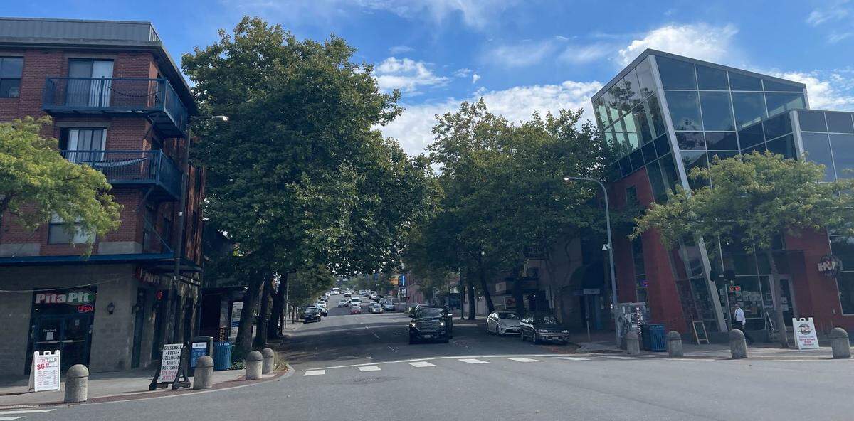 The intersection of E Holly St. and Railroad Ave. with Pita Pit, K-Pop Chicken and Beer and The Blue Room on Thursday, Sept. 7, 2023 in downtown Bellingham, Wash.