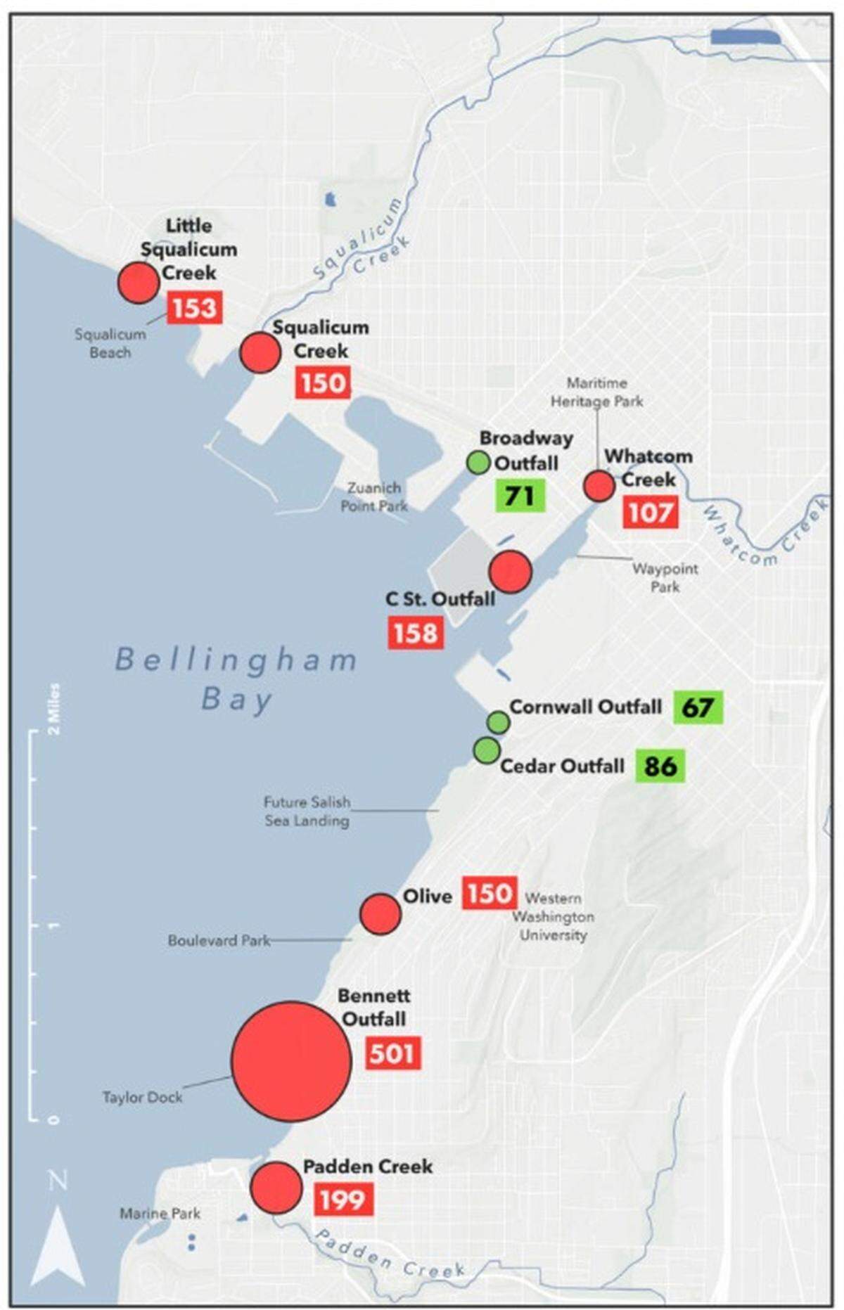 A map shows the results of stormwater and creek mouth testing done by the environmental advocacy group ReSources. The red marks are sites that were above the state threshold of 100 “colony-forming units” of E. coli per 100 milliliters of water. Anything below that level is “good,” according to Ecology.
