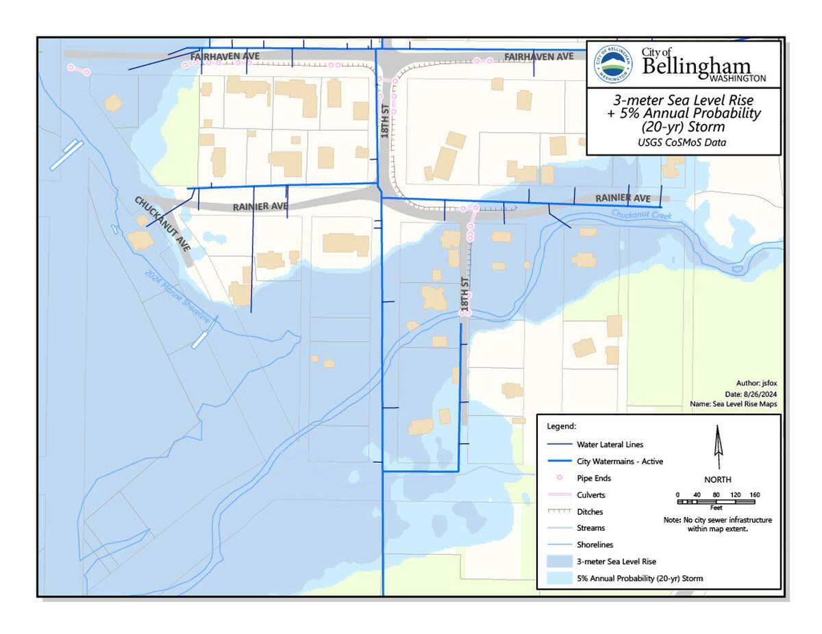 A Bellingham Public Works Department map, using U.S. Coast Guard and CoSMoS data, shows that the east end of Rainier Avenue and parts of 19th Street in Chuckanut Village could be underwater with projected sea level rise and future storms.