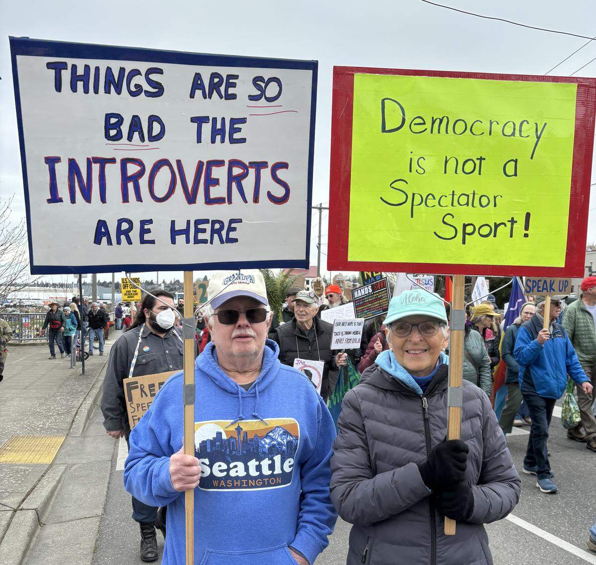 Larry and Linda Schonborn at Bellingham’s No Kings rally March 28, 2026.