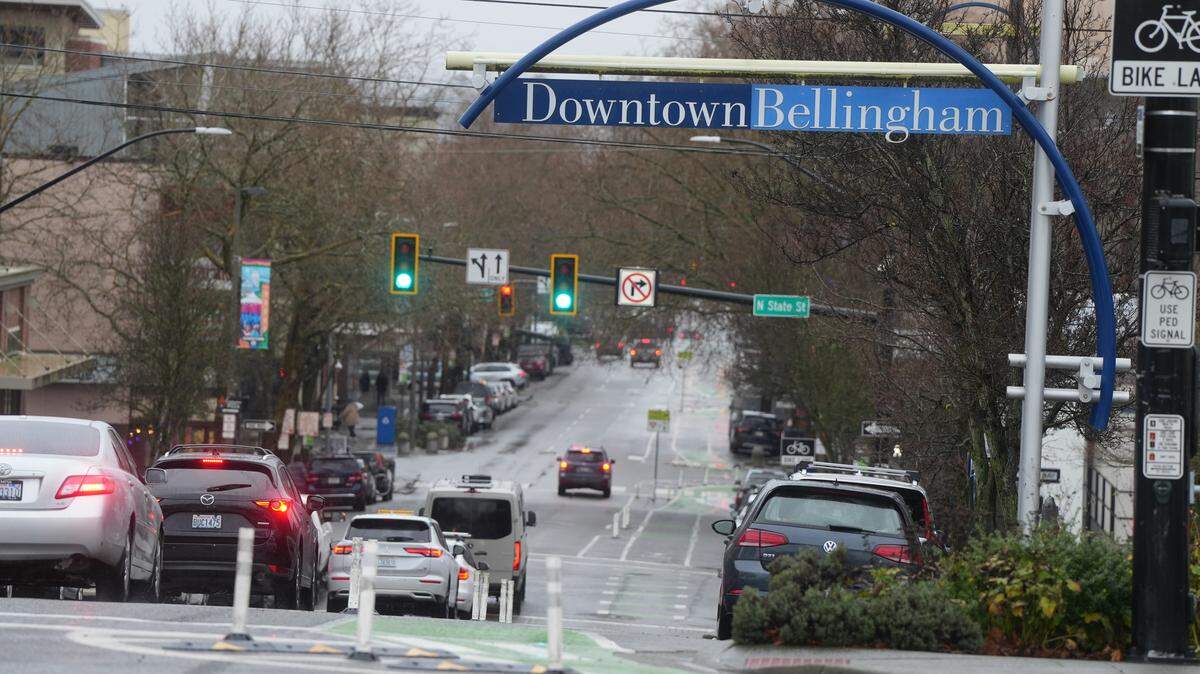 A sign welcomes people to downtown Bellingham, Wash.