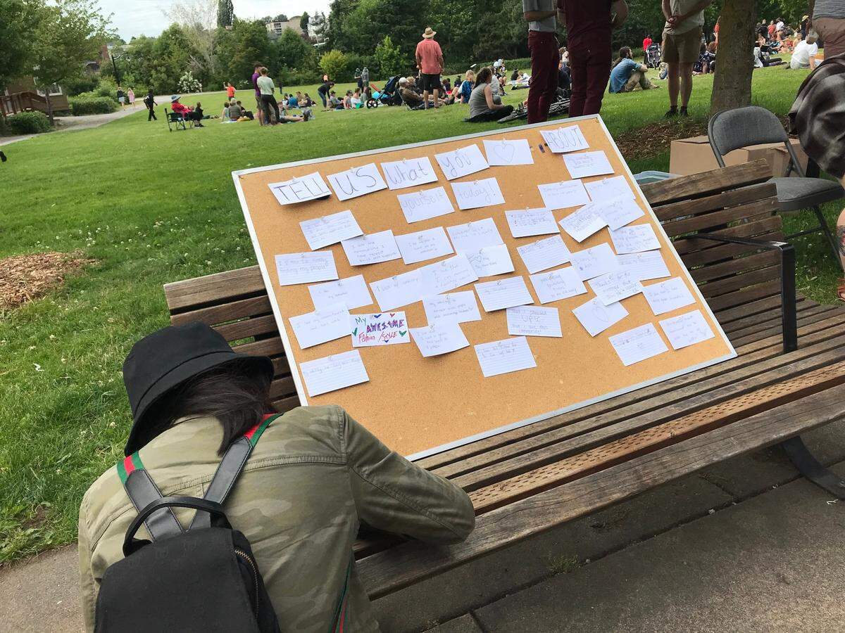 A message board asks participants to “Tell us what you love about yourself today” during the Juneteenth celebration Saturday afternoon, June 19, at Maritime Heritage Park in Bellingham.