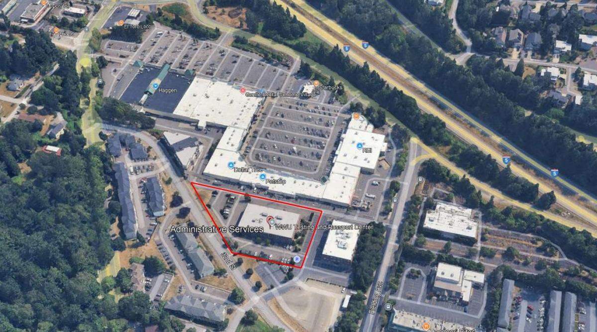 Whatcom County is buying an office building at 333 32nd St. from Western Washington University for $8 million. It will be the new headquarters for the county’s Planning and Development Services. The building location is outlined in red, showing the building just west of the Sehome Village shopping center in this aerial view.