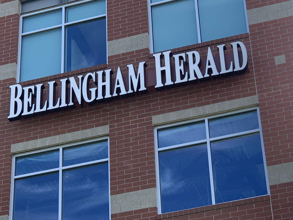 The Bellingham Herald sign hangs on the Woburn Street side of the Dorothy Haggen Building at 2211 Rimland Drive. The newspaper moved its offices there Aug. 19.