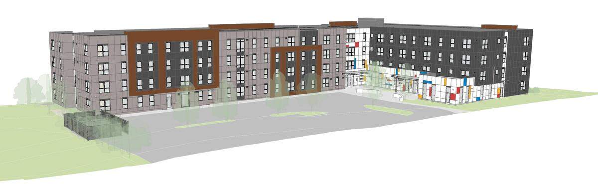 A rendering of the Barkley Family Housing development as viewed from Rimland Drive. The building will have 77 affordable apartment units along with seven YMCA Early Learning Center classrooms