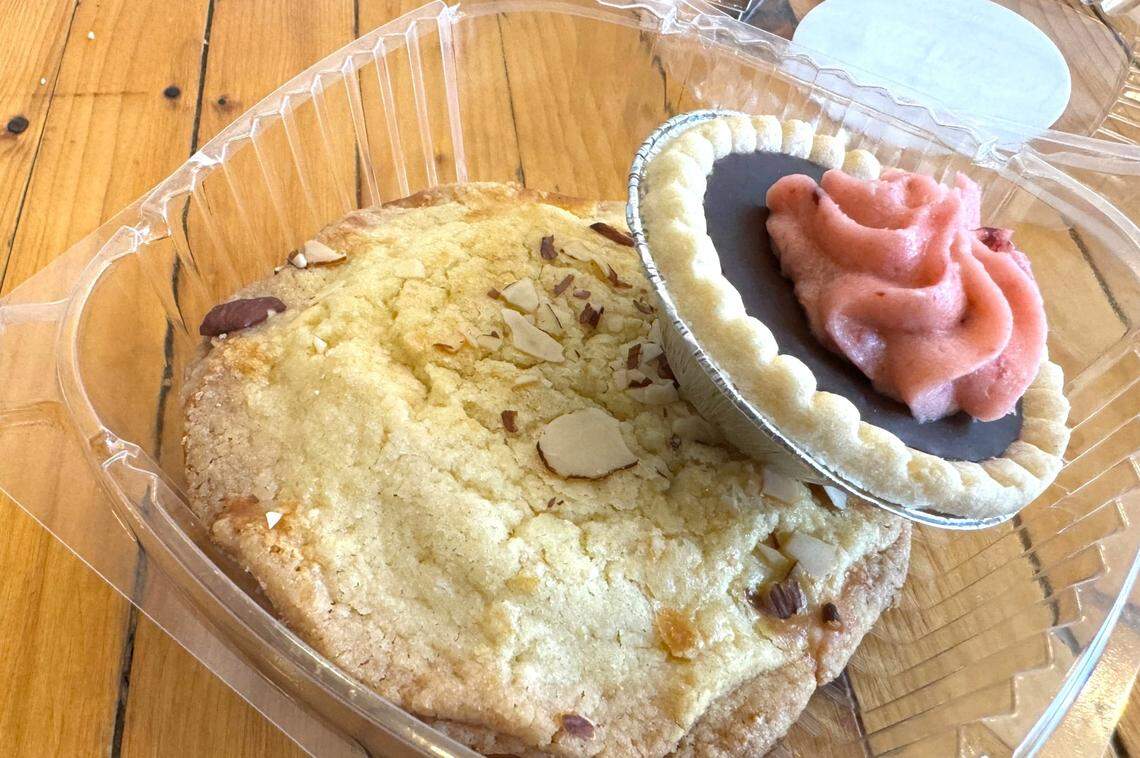 An almond koekie and chocolate tart from The Lynden Dutch Bakery on Thursday, May 2, 2024 at 421 Front St. in Lynden, Wash.
