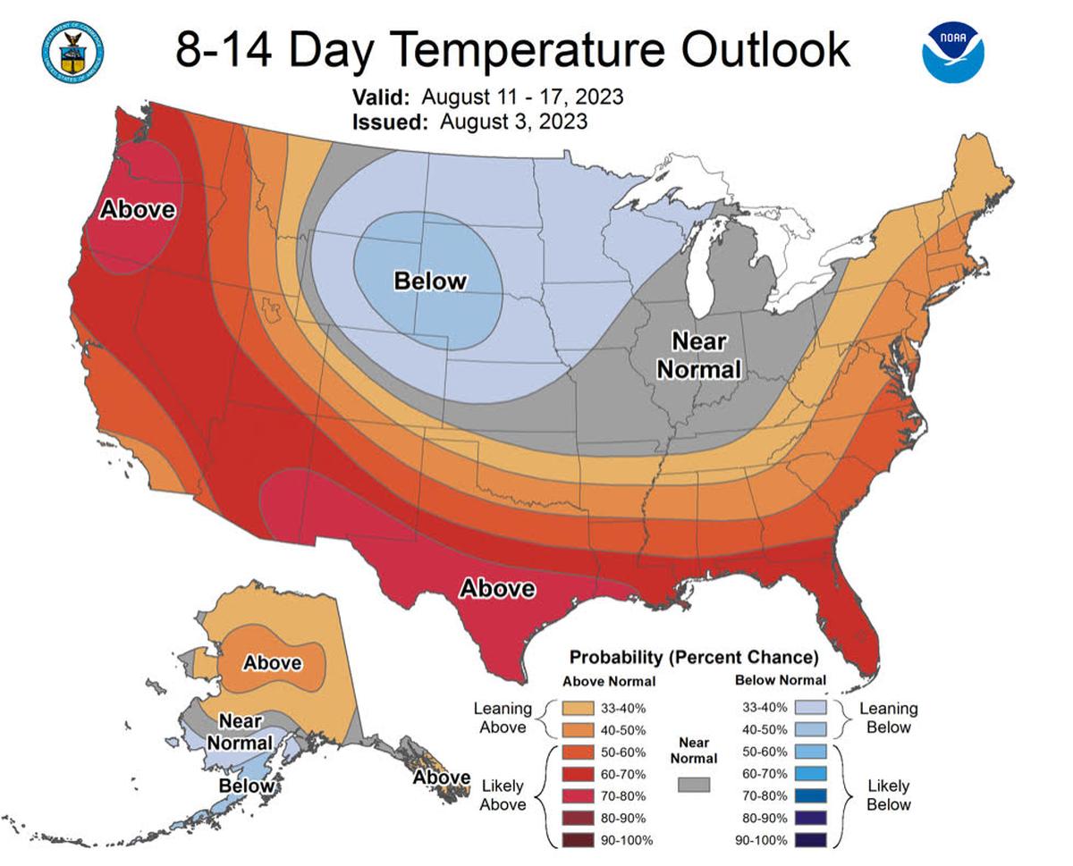 A map from the National Weather Service’s Climate Prediction Center shows the strong possibility of above-average temperatures for Northwest Washington in the next week or so.