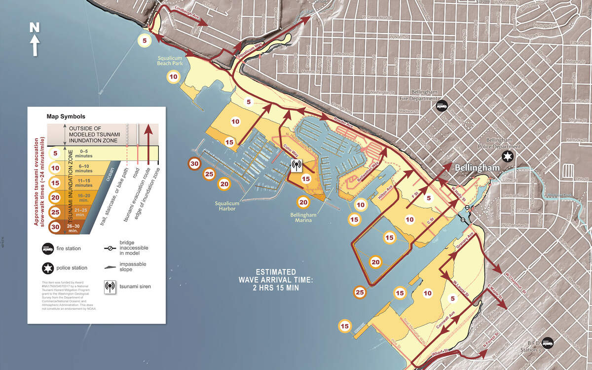 The Department of Natural Resources has created a walking evacuation map for Bellingham, showing the routes and estimated it would take to walk to safety in the event of a Cascadia zone earthquake and resulting tsunami.