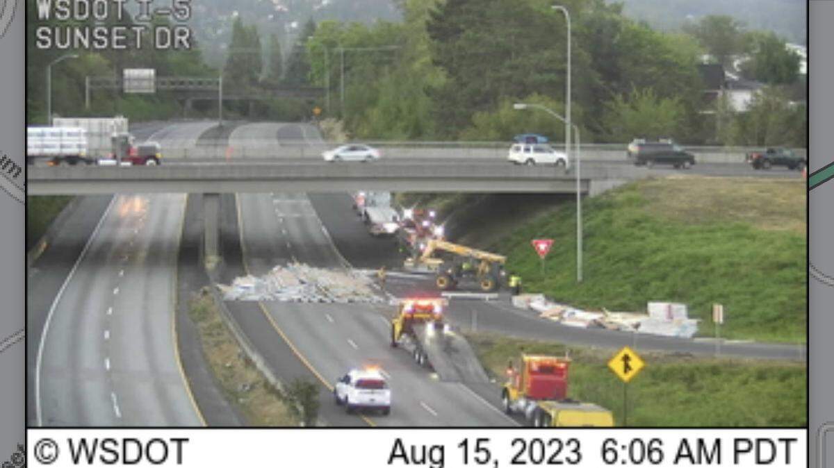 A screengrab from a traffic camera shows Interstate 5 closed because of a crash at the Sunset Drive on-ramp.