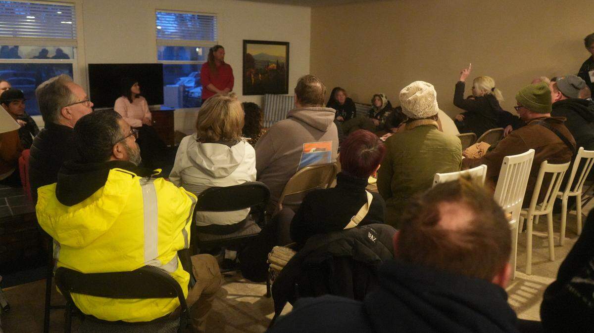 About 50 community members including service providers, city leaders and law enforcement met on Friday, January 3, 2025, to share ideas about how best to service the unhoused community members living in the encampment on W. Bakerview Road and Northwest Drive in Bellingham, Wash. The encampment was expected to be cleared by the end of January.