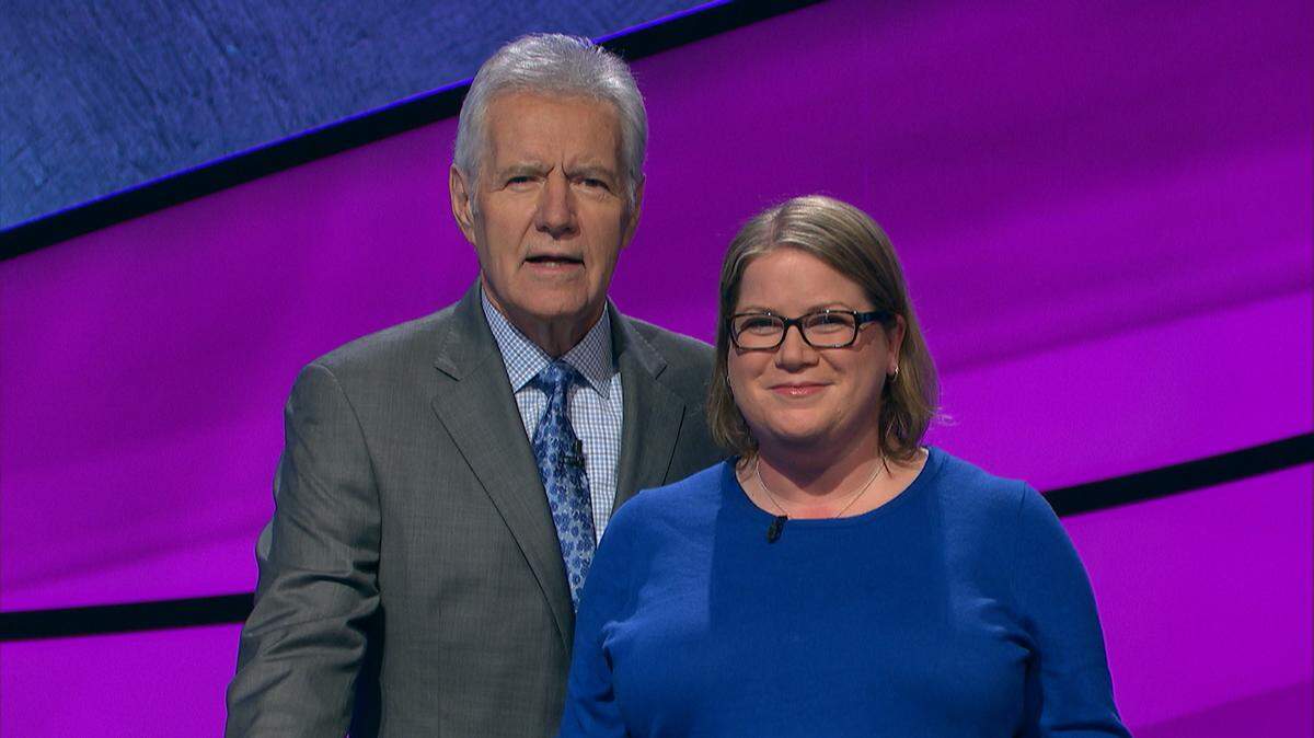 Host Alex Trebek, left, with Sehome High School alum Dana Wayne who appeared as a contestant on a “Jeopardy!” episode that debuted Feb. 19. She’s back for the show that airs Wednesday.