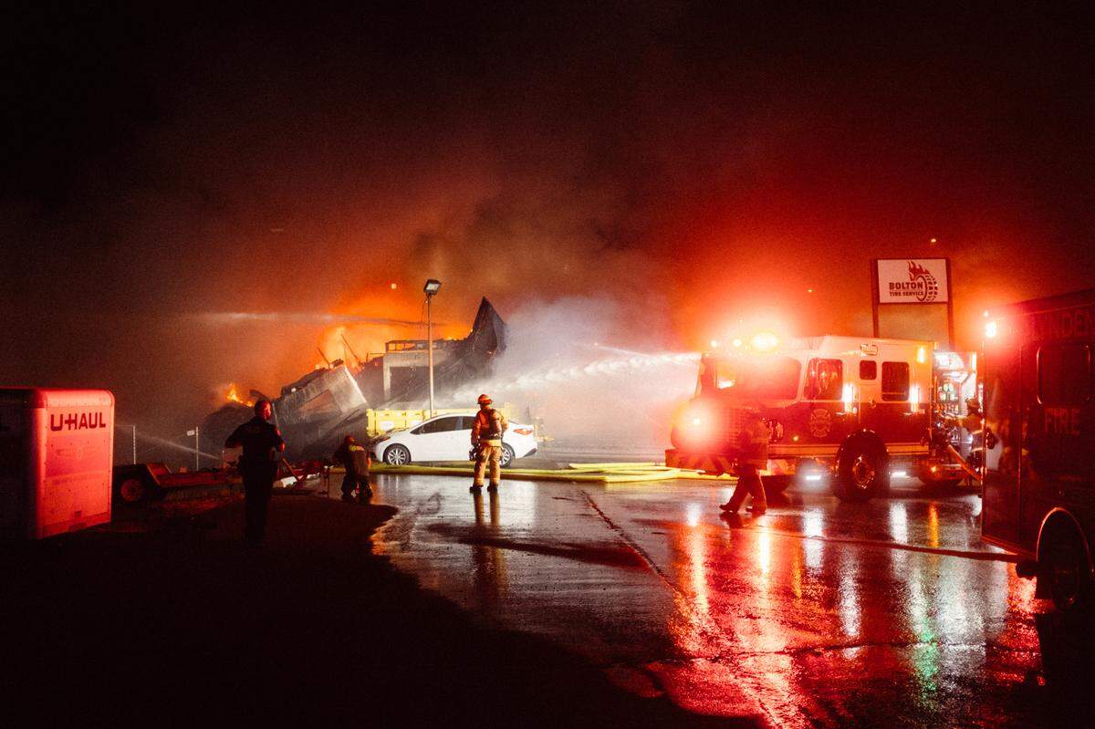 Fire burns early Sunday, July 17, at Bolton Tire Pros at 8165 Guide Meridian Road, Lynden.