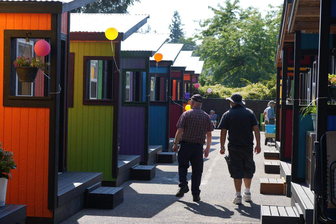 Community members toured the North Haven tiny home village on August 26, 2025, for its grand opening celebration in Bellingham.