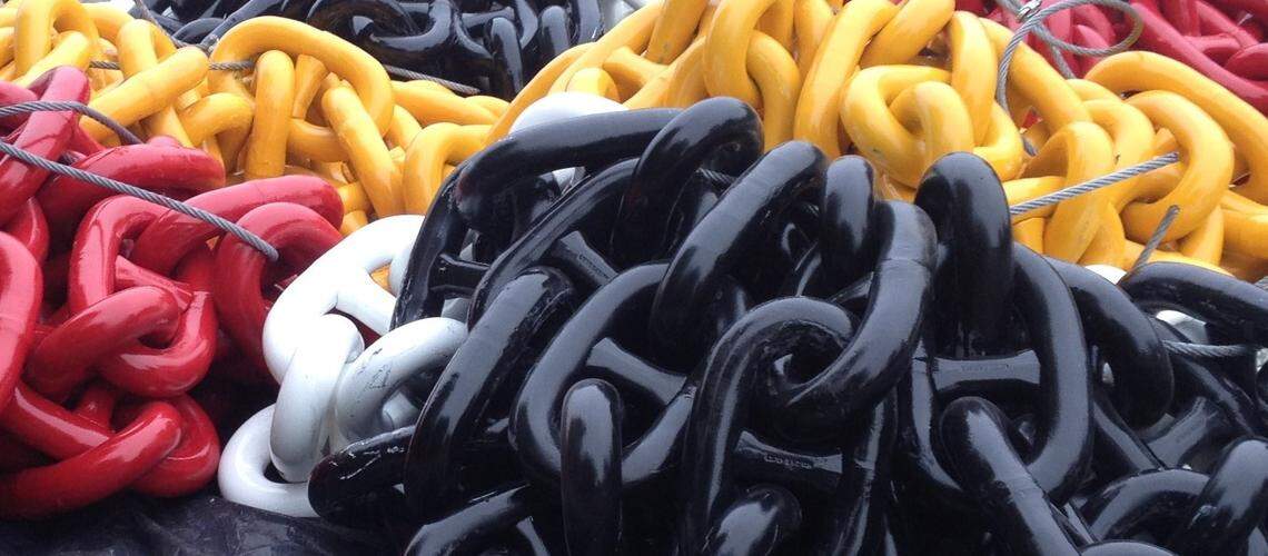 A complete chain link that’s manufactured 3.5 inches in diameter by Lister Chain & Forge is ready for shipment. The Blaine manufacturer may be impacted by a recent contract change by the U.S. Department of Defense that will allow for some ship anchor chains to be made overseas.