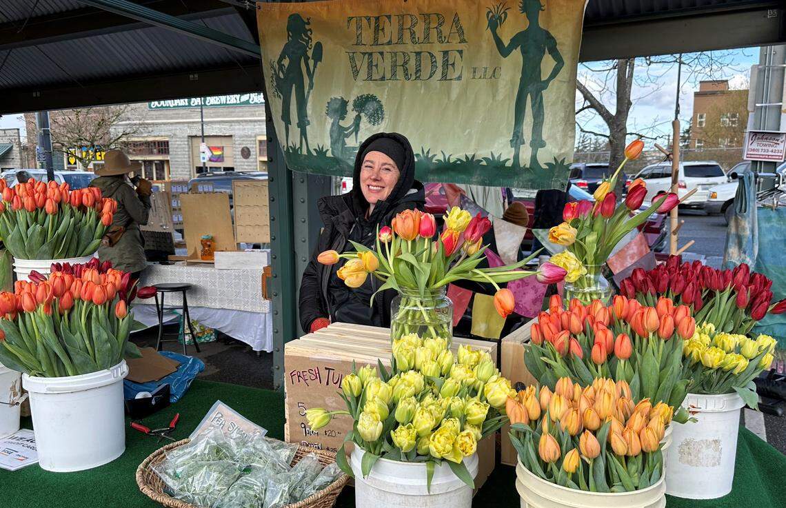 Fresh tulips for sale in April 2023 at Bellingham Farmers Market at Depot Market Square in Bellingham, Wash.