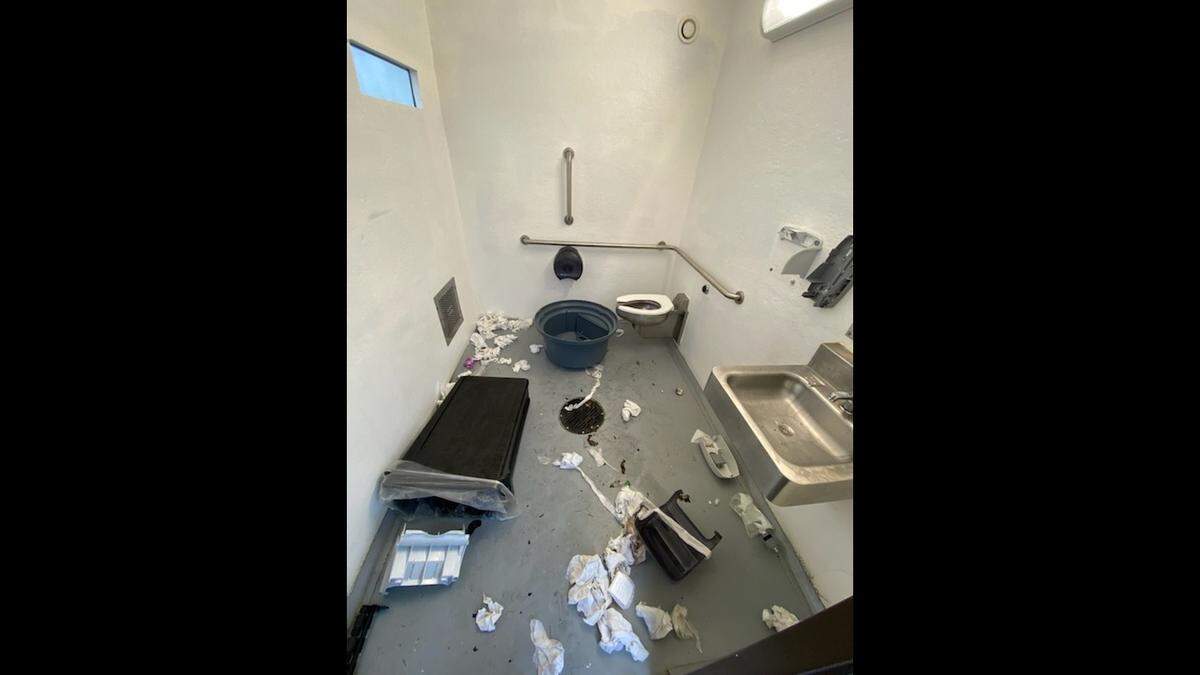 The Star Park bathroom on Sunday, Oct. 30, in Ferndale shows damage from weekend vandalism.