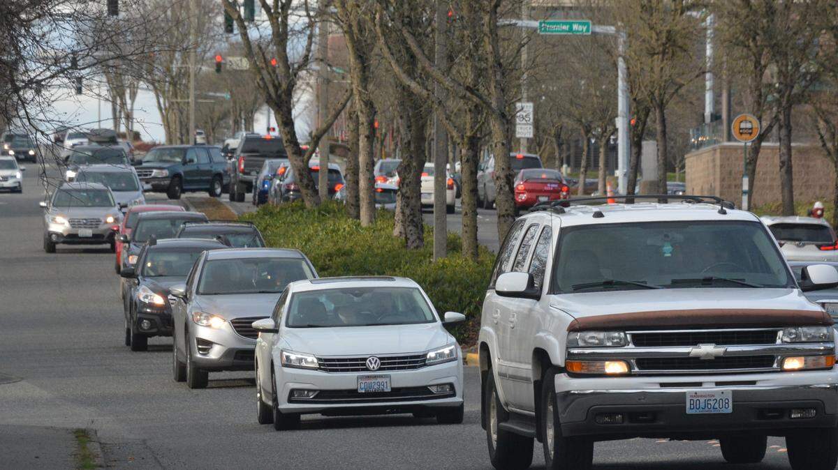 Traffic is heavy on Woburn Street near East Illinois Street on March 6. A sewer replacement project that has closed the street since April 24 is nearly complete.