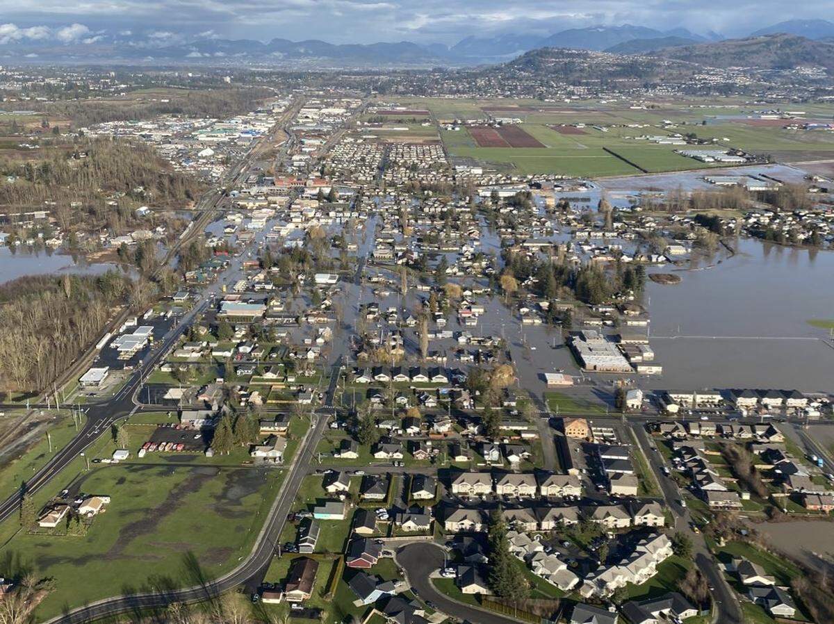 Flooding in downtown Sumas as seen from the air Feb. 2. About 120 homes and two dozen businesses suffered significant damage countywide and damage estimates may exceed $1 million.